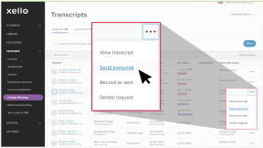 Transcripts page in Xello. Cursor has selected a menu with the option to Send transcript